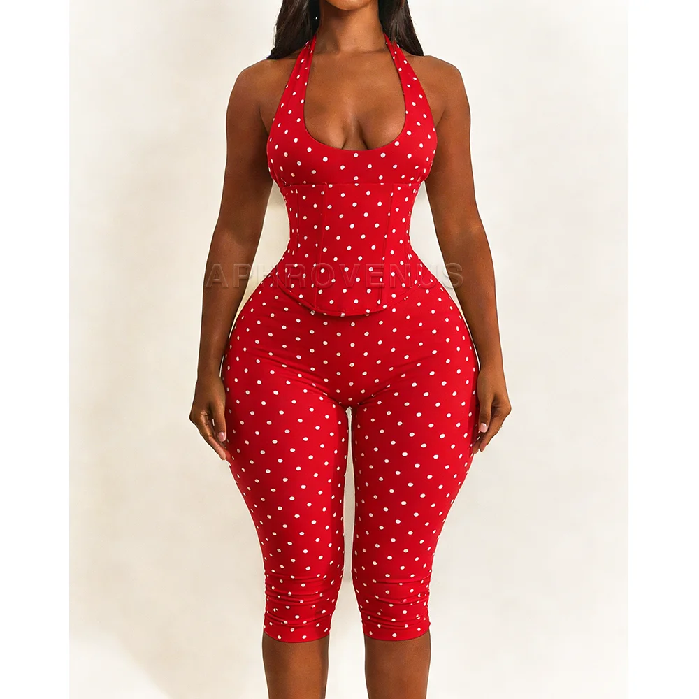 White Black Polka Dot Halter Neck Corset Jumpsuit Lace Up Backless Bodycon Capri Romper High Waist Shapewear Outfits For Party image 3