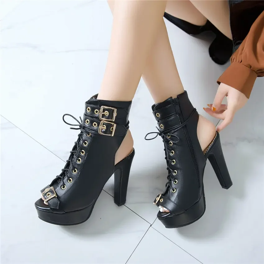 المصارع المرأة اللمحة تو صنادل أرضية فستان أبيض أزرق حفلة سيدة عالية حذاء بكعب سميك مشبك سستة الصيف الكاحل الاعوجاج الأحذية