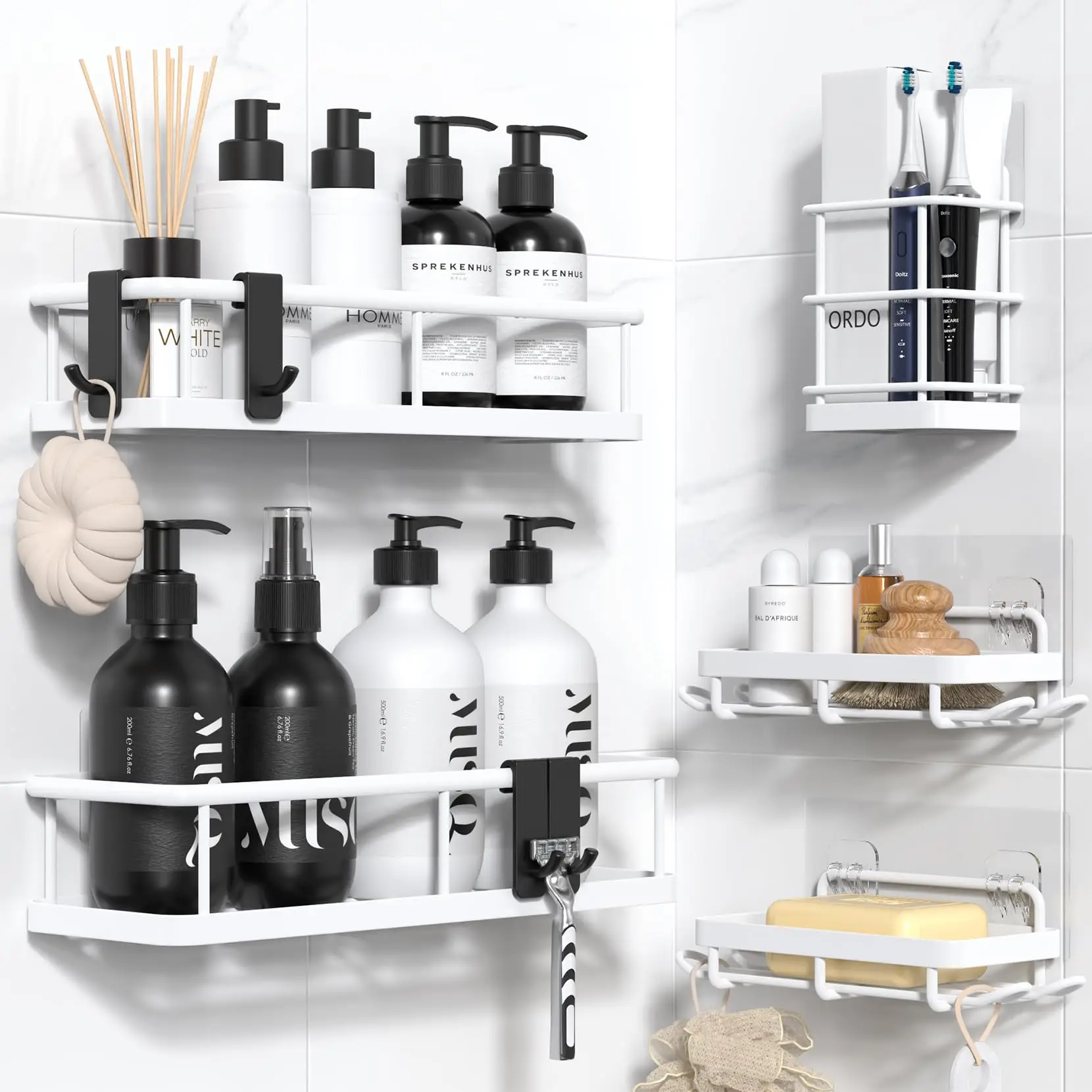 

5-Pack Adhesive Shower Caddy, Rustproof Stainless Steel Organizer for Bathroom Storage with Large Capacity, No Drilling Bathroom Caddy with Soap Toothbrush Holder for Kitchen Home