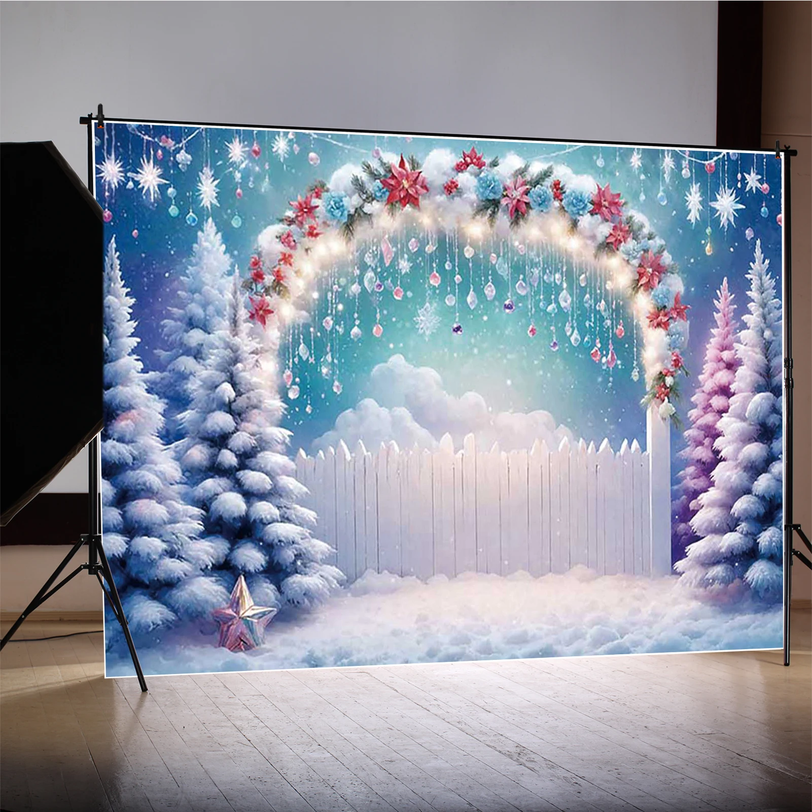 MOON.QG 크리스마스 장식 사진 배경 눈 덮인 겨울 파란색 크리스마스 나무 사진 배경 포토존 스튜디오 어린이