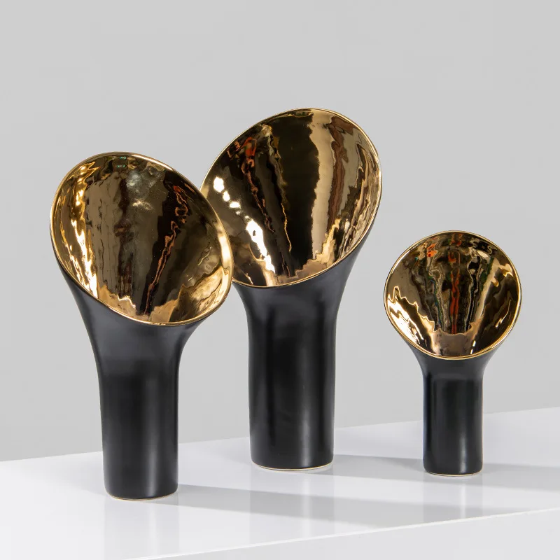 

Golden Trumpet Ceramic Vase Open Flowerpot Flower Arrangement Accessories Flower Vase Terrarium Home Decoration Accessories