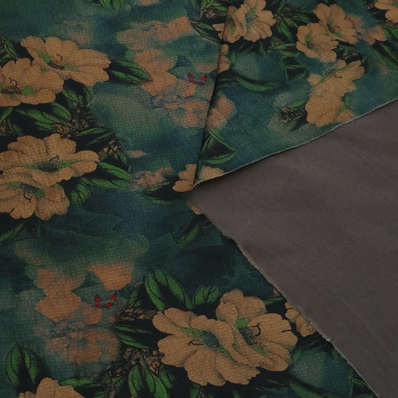 2Yards Chinese-style green and red imitation Xiangyunsha printed satin chiffon faux silk glossy fabric for Hanfu and cheongsamB view 4