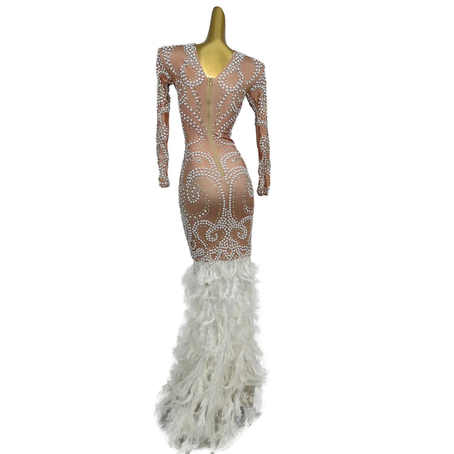 Zhenzhuyumao Gorgeous Pearl Feather Patchwork Ddress Banquet Birthday Christmas Halloween New Year's Party Fishtail Dress