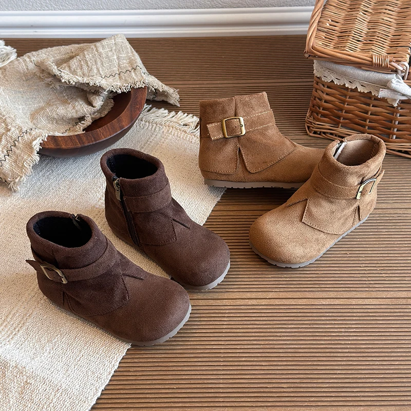 Kids Vintage Buckle Strap Ankle Boots, Toddler Retro Warm Short Boots with Side Zipper, Non-Slip Soft Sole Girls Boots