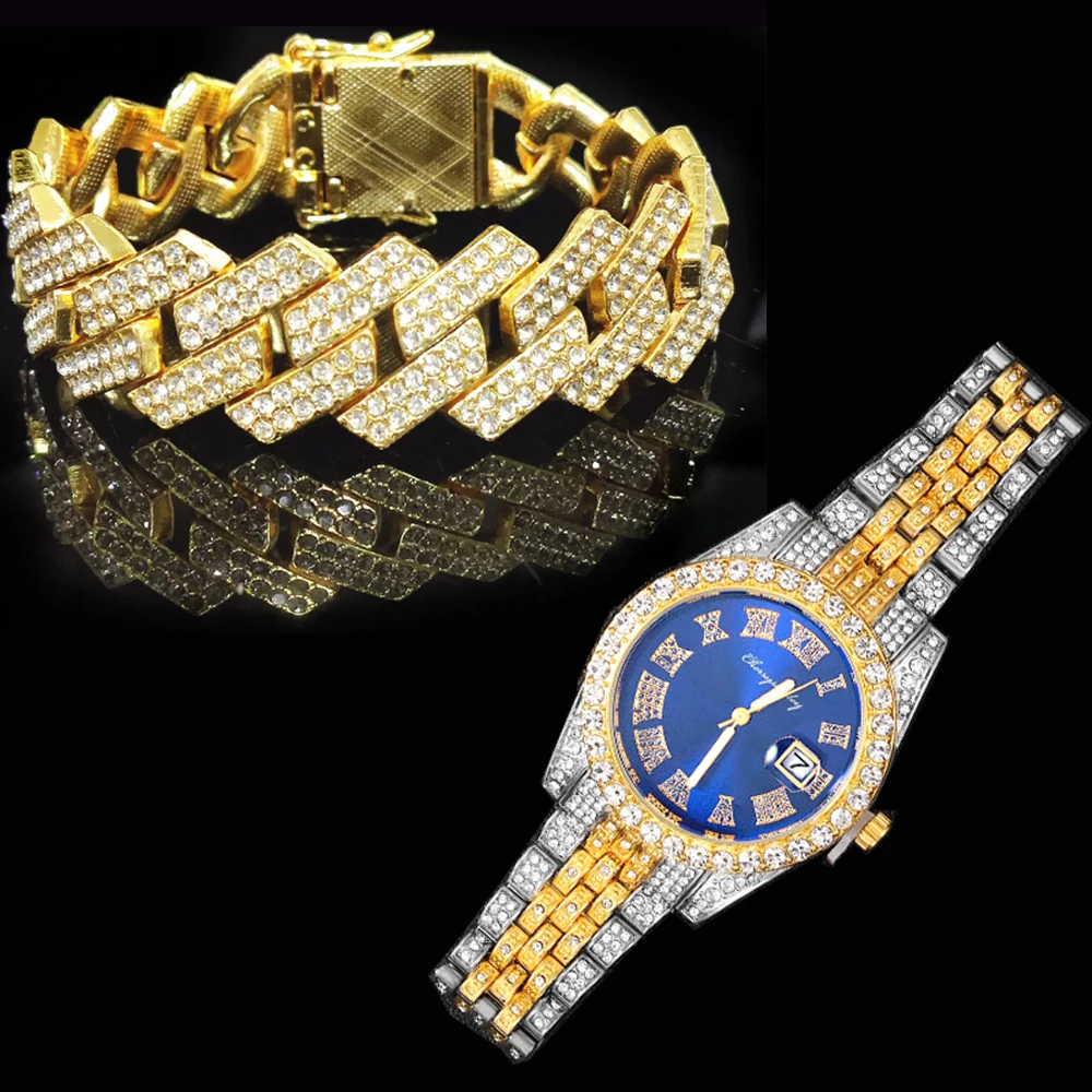 

High-Quality Hip Hop Full AAA Stone Bling Iced Out Pave Men's Bracelet Miami Cuban Link Chain Bracelets For Men Iced Out Watch