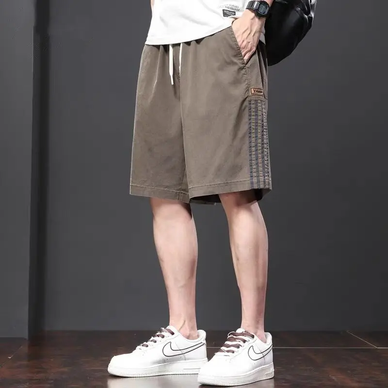 Summer Elastic Lace Up Waist Loose Casual Straight Shorts Male Solid Color Fashion All-match Japanese Style Short Pants Hombre