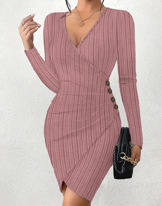 Women's Dress 2023 Autumn New Fashion Casual Solid Color V-Neck Tight Wrap Hip Slim Fit Sexy Long Sleeved Mini Female Dress