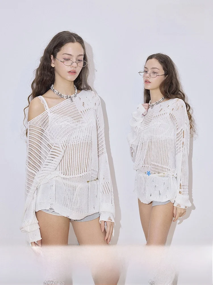 

Белый ажурный вязаный женский топ с длинными рукавами, легкий, свободного кроя, с открытыми плечами, осенняя мода, мягкий на ощупь, простой дизайн