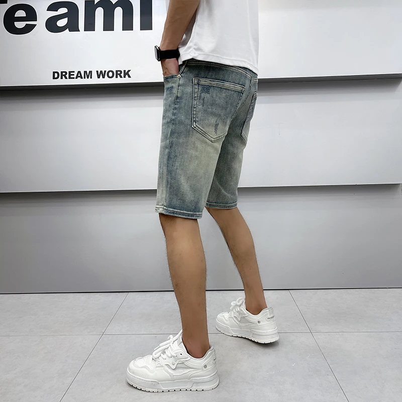 2024 Summer thin section retro light blue denim shorts high-end trend fashion leisure loose straight MEN'S pants 7 pants