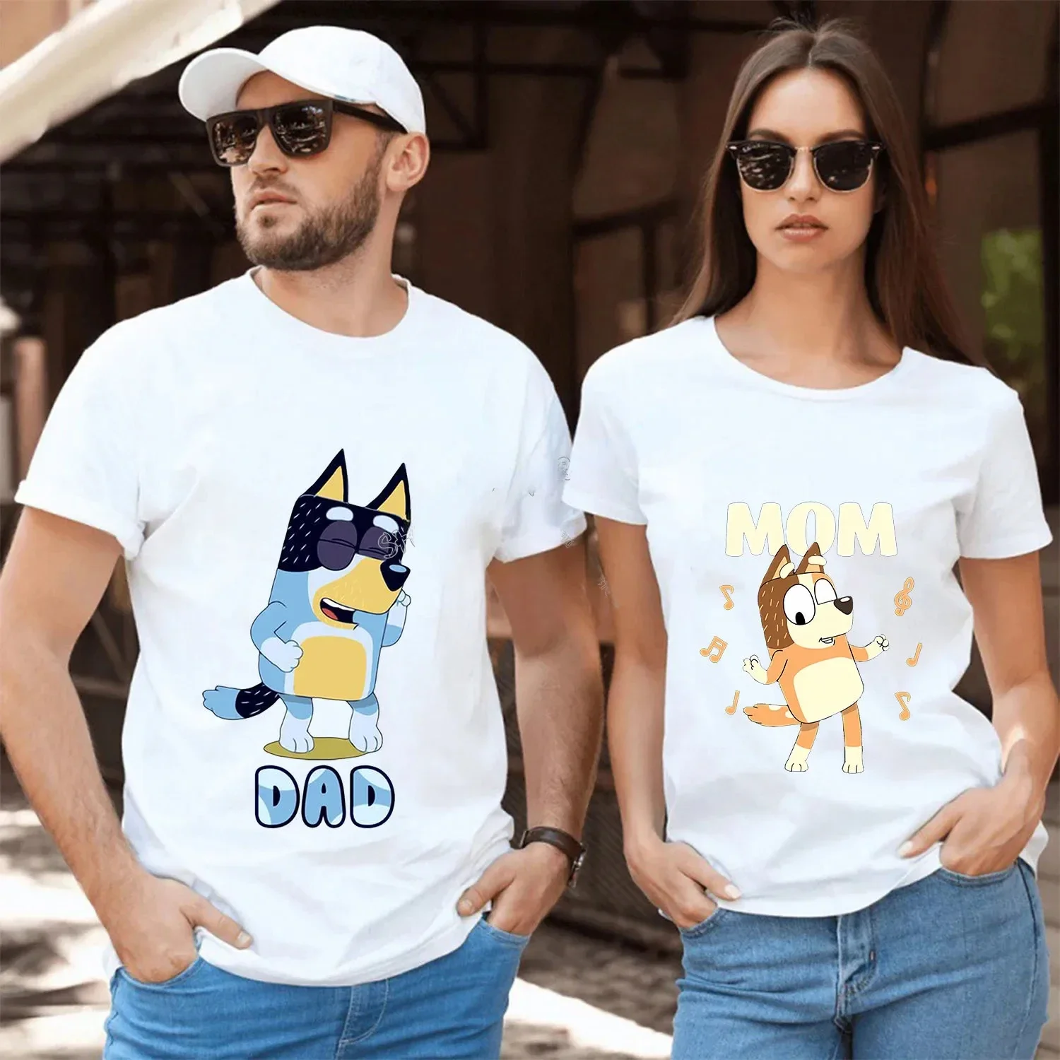 Blueys Dad Mom T-Shirt New Cute Cartoon Tops Summer Parent-child Clothing Adult Anime Cotton Black White Tee Family Clothes Gift