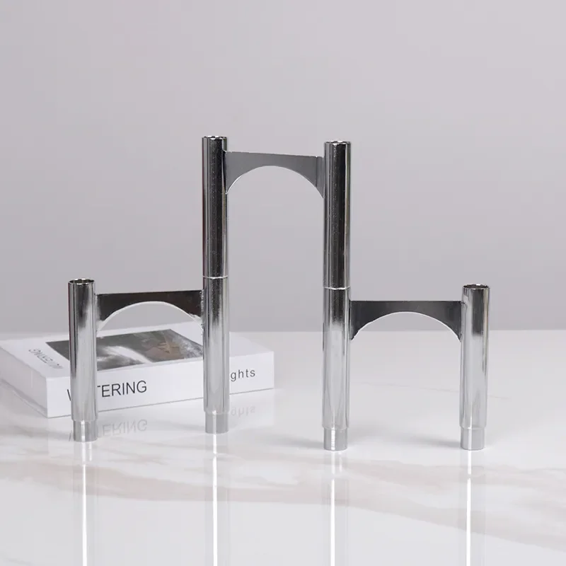 Nordic Style Silver Metal Geometric Candle Holder Set Modern Light Luxury Home Decor Ornament for Dining Table Centerpiece