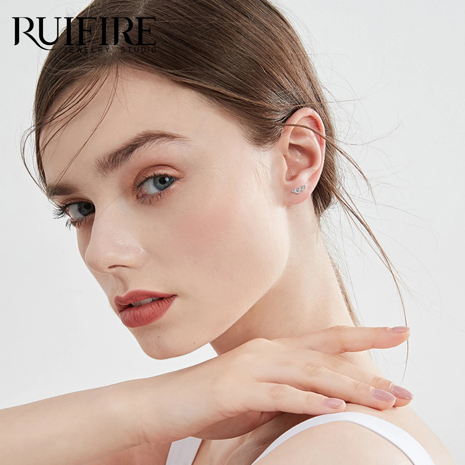 

RUIFIRE Earrings Climber D0.43CT Bezel D Color Moissanite Studs Earring 100% S925 Silver White Gold Plated for Women Jewelry GRA
