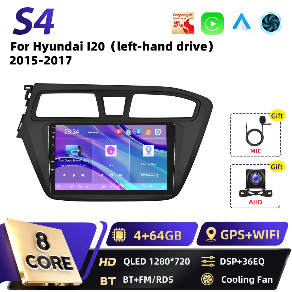 Podofo Qualcomm 8-Core 2DIN Android autoradio voor Hyundai I20 2015 2016 2017 met draadloze Carplay, DSP, WIFI, RDS, GPS, FM en BT