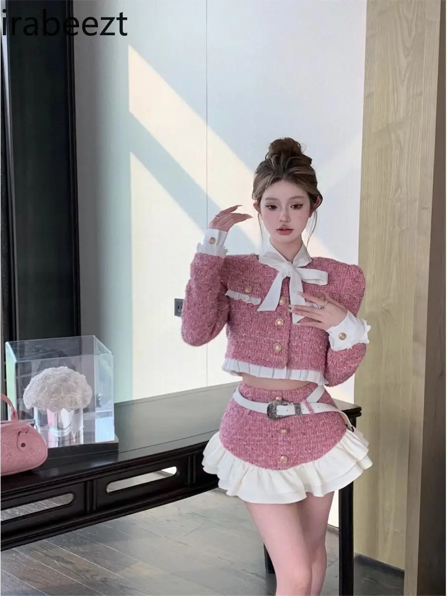 Autumn New Fashion Temperament Sweet Cool Elegant Tweed Coat Ruffled Skirt Two-piece Set of Women's Wear Skirt Suits