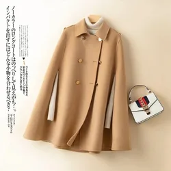 2023 100% Wool Mid Long Bat Cape Women Woolen Coats Autumn Loose Double Sided Cashmere Coat Female Fashion Camel Black Outerwear