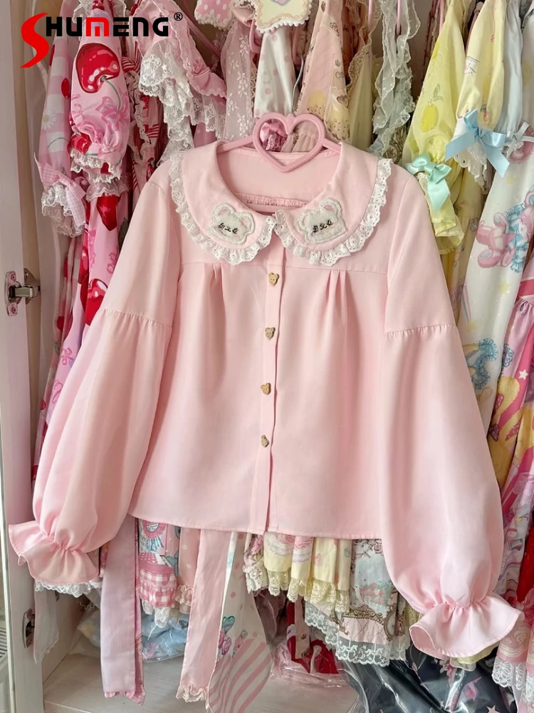 

Japanese Style Sweet Cute Soft Girl Lace Stitching Long Sleeve Doll Collar Single-Breasted Lolita Pink Shirt Blouse Women Summer