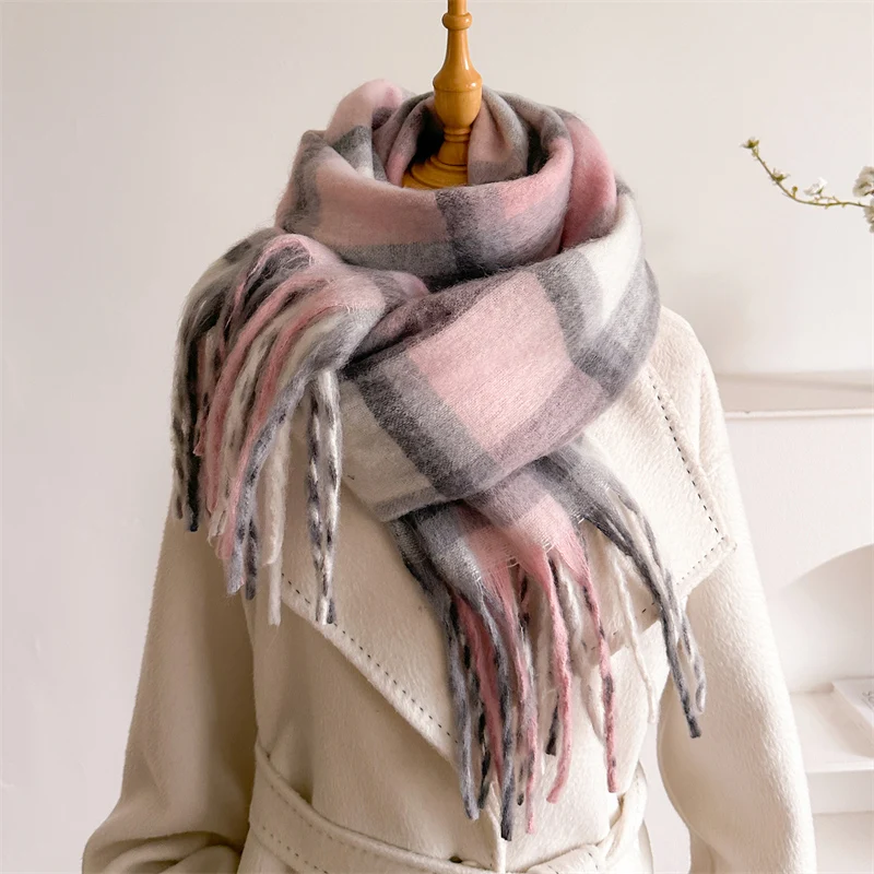 Korean style Imitation Cashmere Color Blocked Gradient Plaid Winter Thick Warm Shawl Wrap Tassel Blanket Scarf Women Pashmina