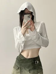Simple Light Loose Casual Sexy All-Match Personalized Cool Breathable Thin Women'S Summer Hooded Sunscreen Short Top