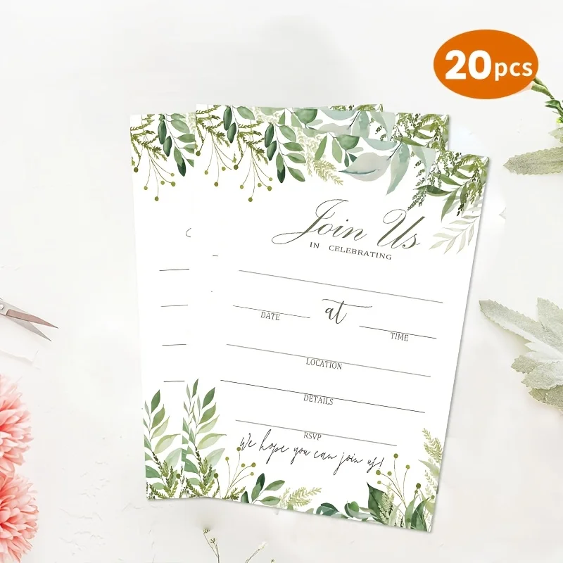 20pcs Watercolor Green Leaf Invitation Card Blank Invitation Letter, Used for Wedding Brides, Baby Showers, Birthday Dinners