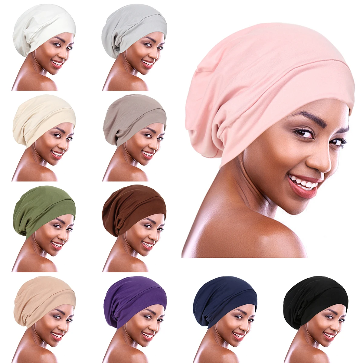 Ramadan Lined Satin Women Muslim Hijab Caps Wrap Head Soft Elastic Crinkle Turban Bonnet Chemo Cap Headdress Wearable