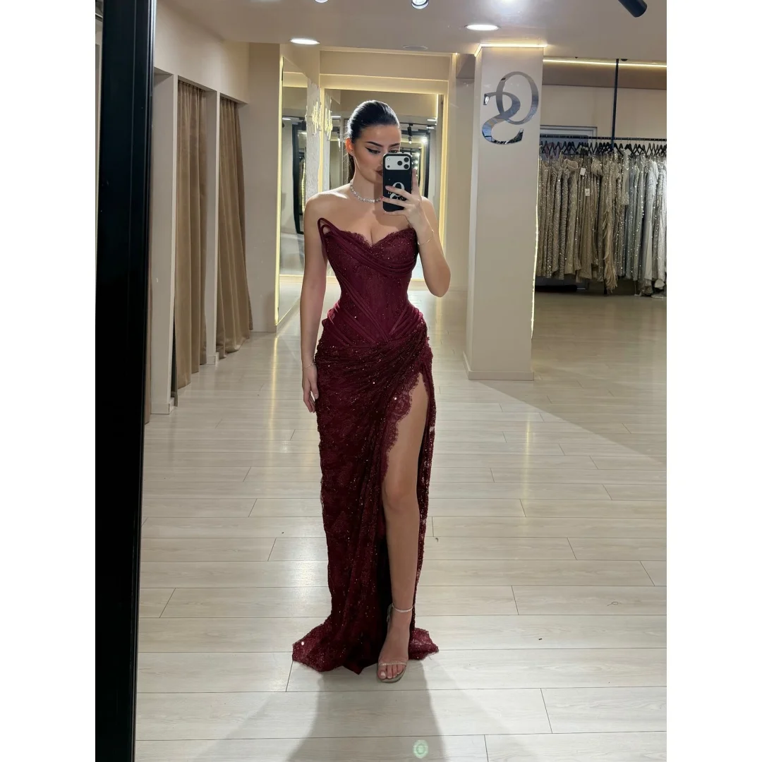 Vestido de Noche de Sirena con Encaje Exquisito Color Borgoña Personalizado Cathy, Vestidos de Noche Largos hasta el Suelo con Abertura Lateral Alta, Vestido de Noche Formal 2026