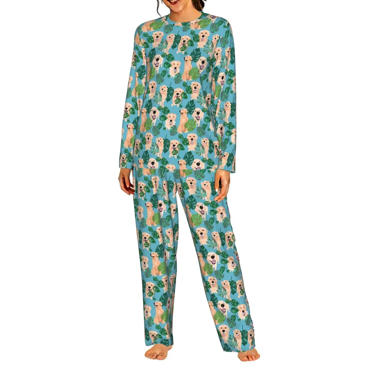 Golden Labrador Retriever Dog Tropical xdvsd Round Neck Long Sleeve Nightgowns for Sleepshirts Women Loose Pajama Set Long Pants