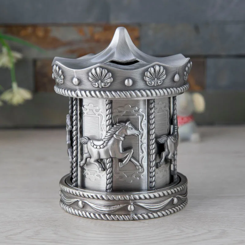 Homhi Metal Carousel Piggy Bank Silver Decorate Tirelire Coin Storage Horse Toy Transportation Hucha Gift HNJ-549