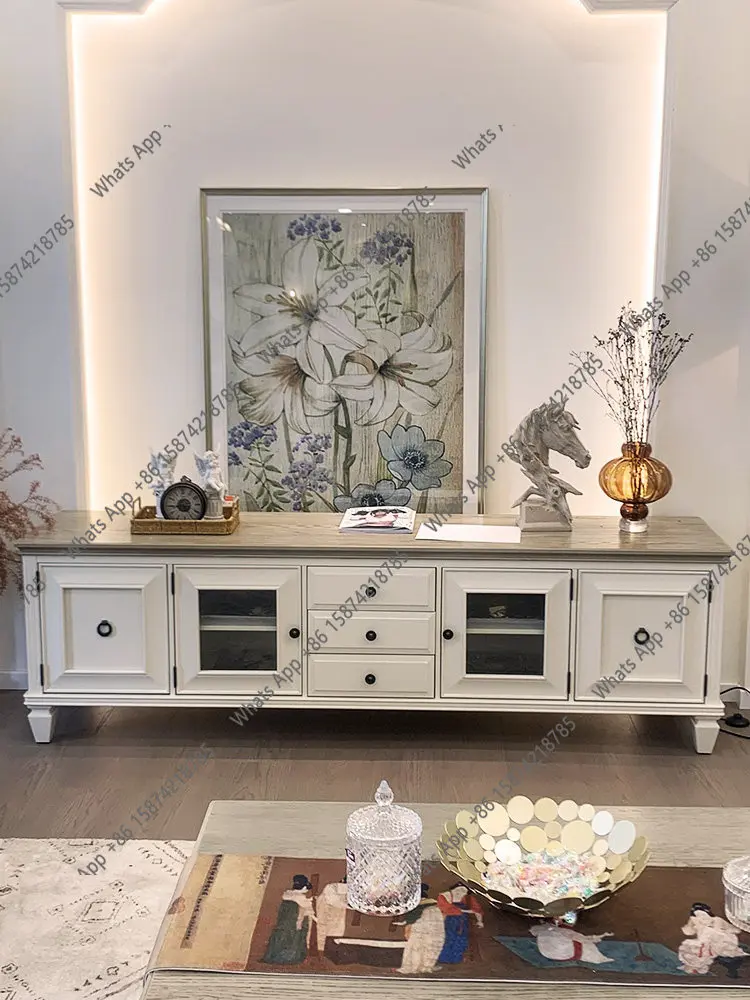 American TV cabinet pure solid wood cream white high audio-visual cabinet living room furniture coffee table combination