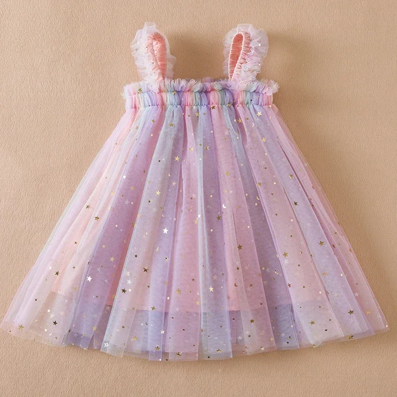 Kids Lovely Girl Sling Princess Tulle Dress Baby Summer Rainbow Dresses Kids Girl Party Tutu Dress Outfit Toddler Baptism Dress