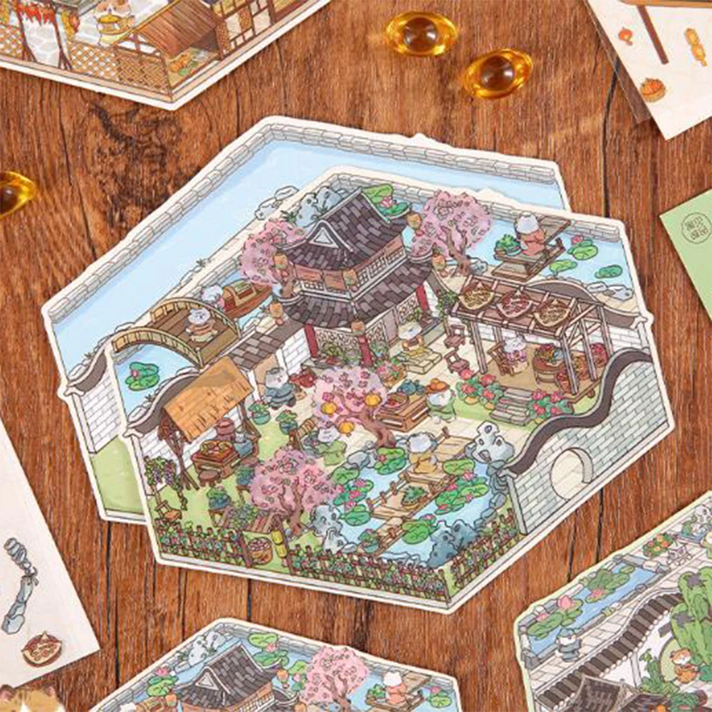 DIY Cartoon Cat Leisure Life in 4 Seasons Landscape Sticker 3D Pocket Cabin Scene Stacking Pasting Stickers Gift for Kid Child