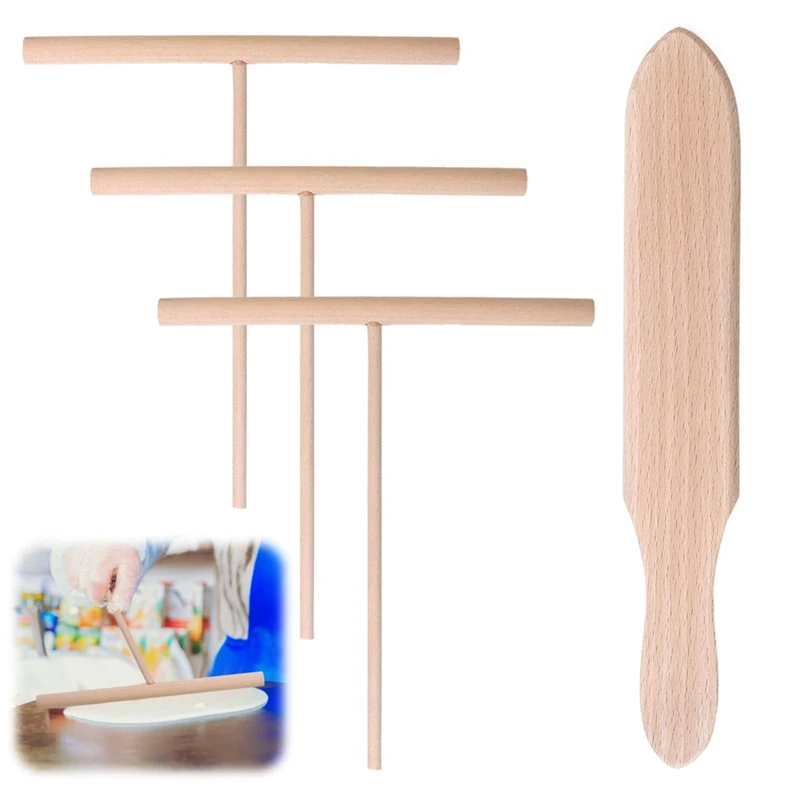 4 Piece Spatula Set Wooden T Sticks For Spreading Pancake Batter Wood Color Kitchen Tool Utensils For Uniform Crepe Maker