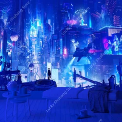 Cyberpunk Cityscape Skyscraper UV Reactive Tapestry for Hippie Boho Aesthetic Room Decor Psychedelic Home Wall Decor Sofa Mat