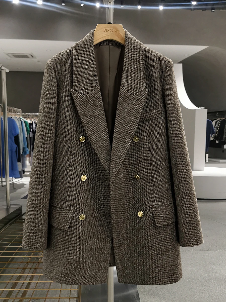 

Женский твидовый пиджак карамельного цвета, классический однотонный зимний пиджак с длинными рукавами на пуговицах для офиса