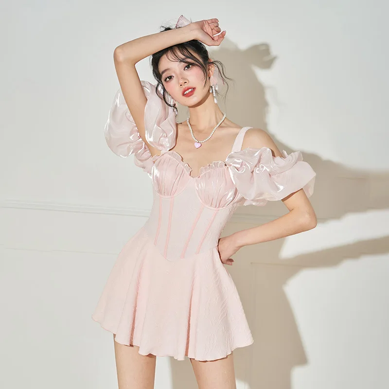 wisuwore 2023 Korea Style One Piece Swimsuit Women Solid Sexy Swimwear Pink Ruffled Sexy Swimwear Beach Pool Thong Monokini