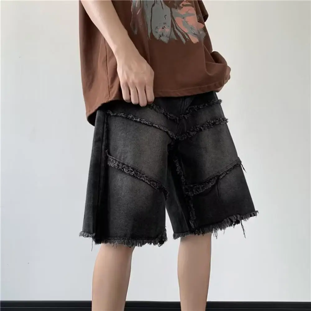 

Durable Men Jeans High Street Style Men's Denim Shorts Mid-rise Tassel Edge Gradient Color Loose Fit Short Jeans with Button