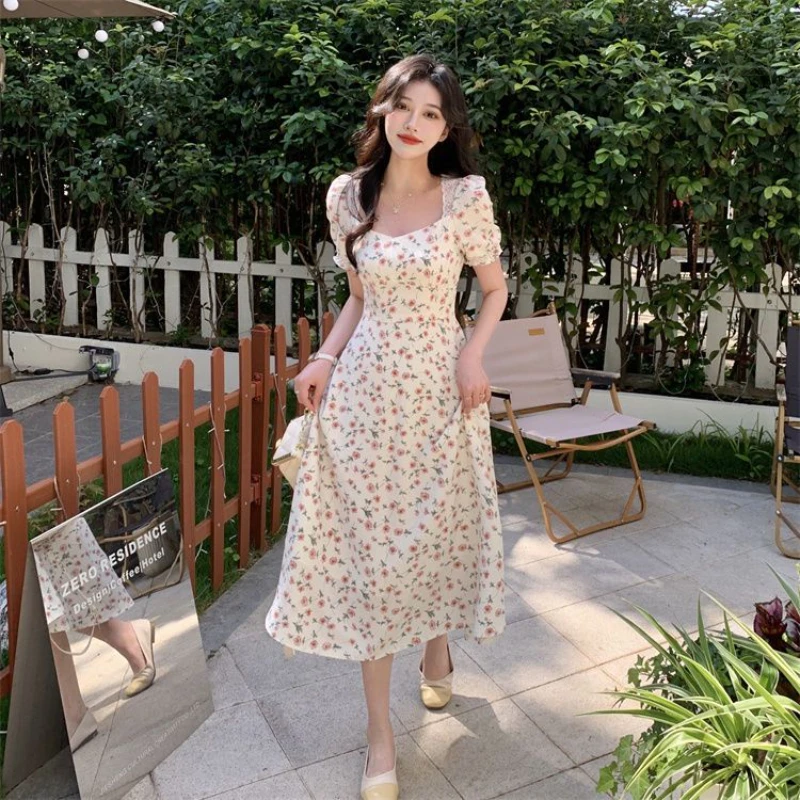 

HOUZHOU Elegant Sweet Floral Dress Women Short Sleeve Maxi Dress Vintage Holiday Vacation Summer A-line Fashion Kawaii Dresses