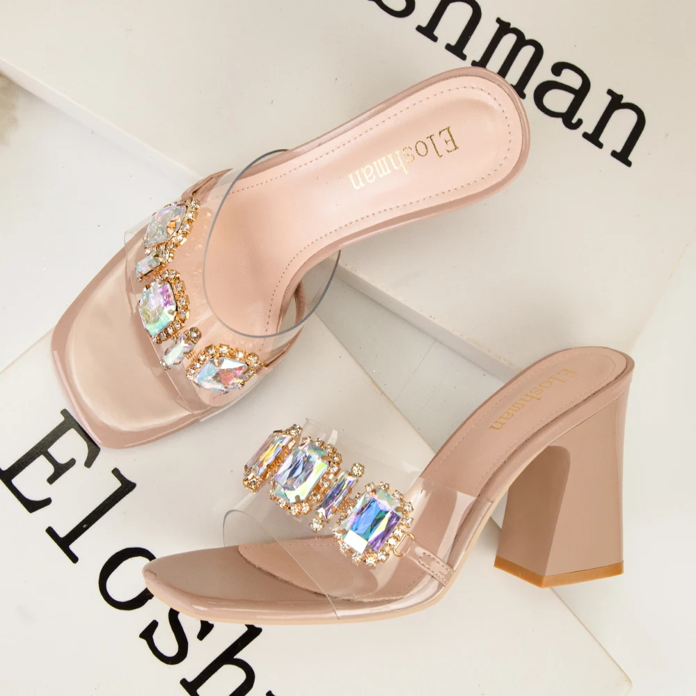 Sexy Party Slippers for Women Mules High Heels Fashion Metal Chain Design PVC Transparent Sandals Ladies Slide Shoes