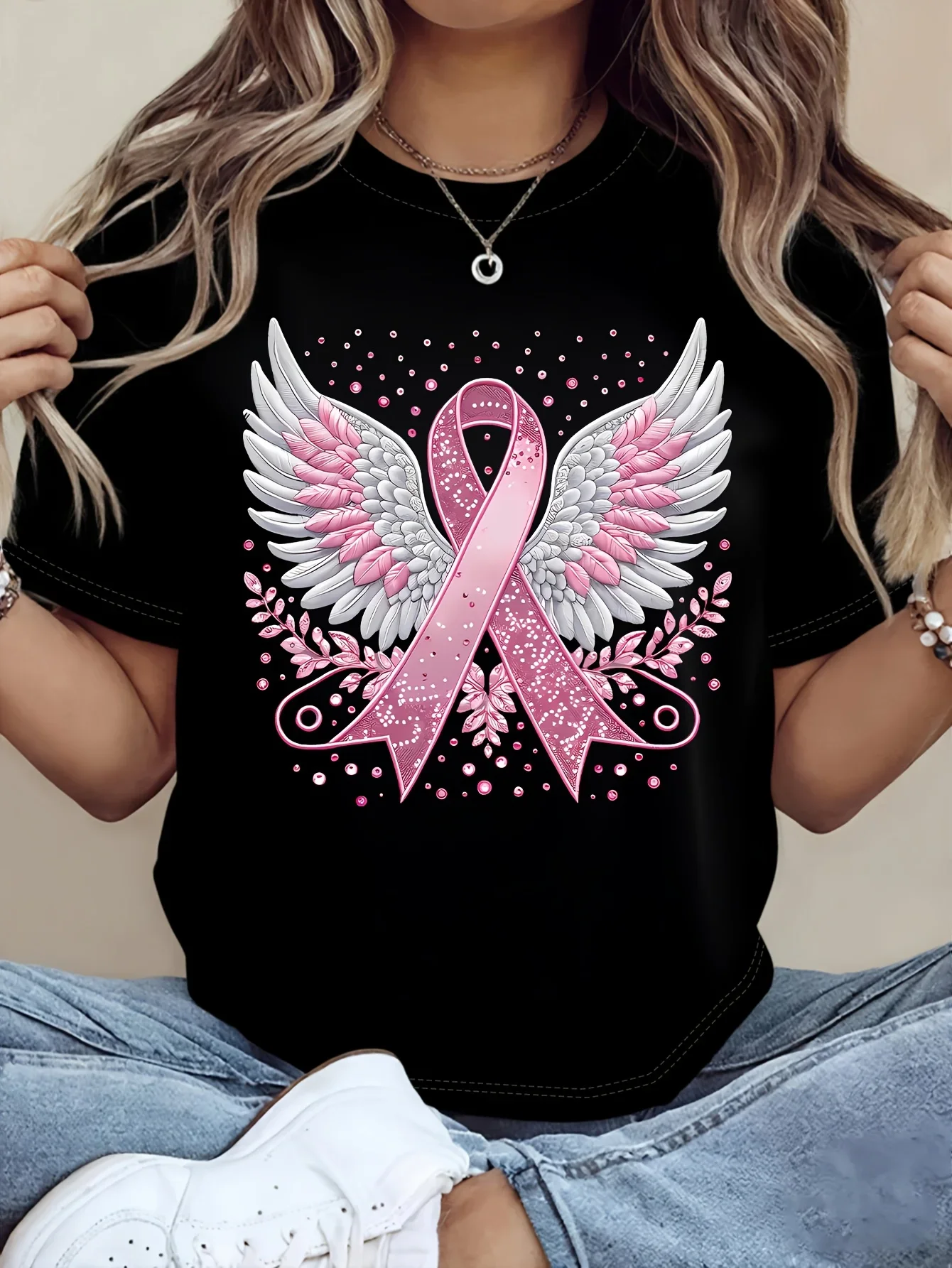 T-Shirt mit Aufdruck zur Aufmerksamkeit für Brustkrebs, kurzärmelig, normaler Schnitt, Rundhalsausschnitt, für Damen, ideal für den Sommer, Freizeitaktivitäten im Freien, Y2k-Stil, atmungsaktives Material. – Detail 2