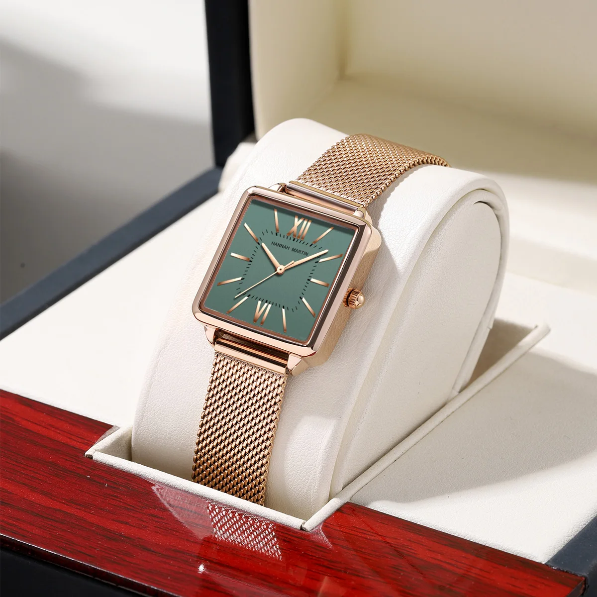 Japan Quartz Movement Green Dial Roman Square Watches Case Stanless Steel Fashion Wristwatch Ladies Rose Gold Watches For Women