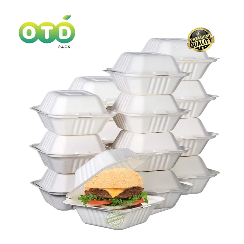 

6-Inch Compostable Clamshell Natural Bagasse (Sugarcane Fiber) Take Out Hamburg Boxes To Go Food Boxes For Hamburg Cake