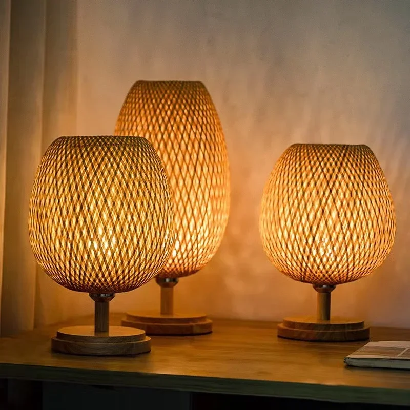 

Chinese Style Bamboo Table Lamps Vintage Hand-make Desk Lamp For Bedroom Bedside Living Room Decoration Study Creative Lighting