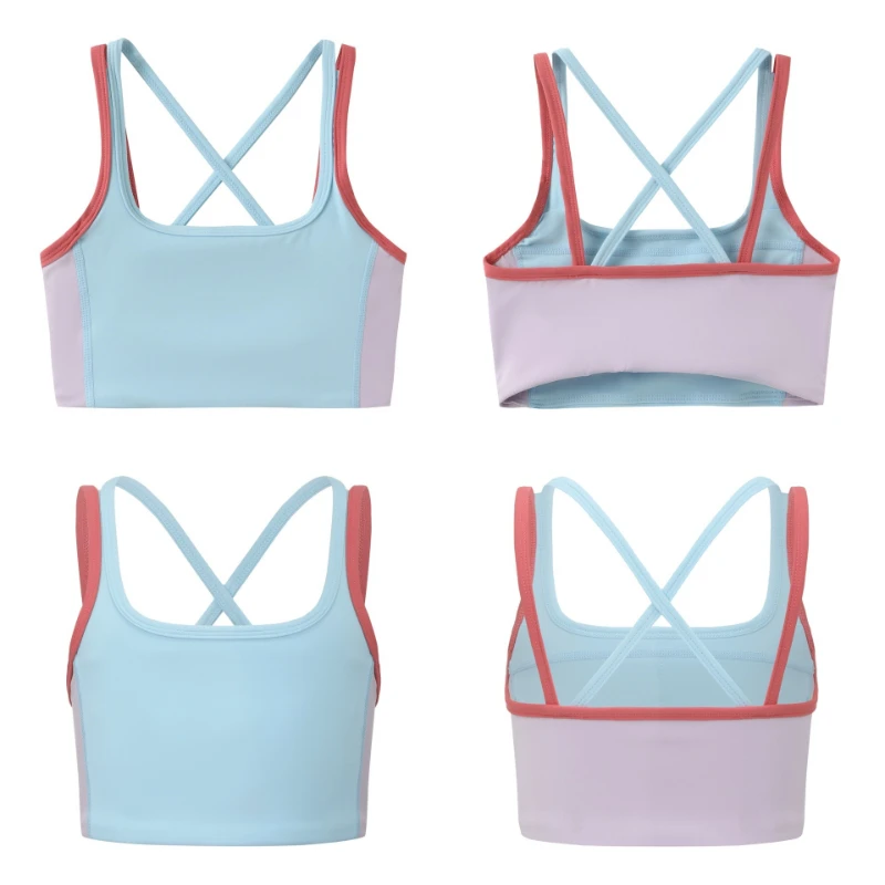 5-14Y Girls Sports Bra Cute Cross Back Yoga Crop Top,Color Block Dance Fitness Tank Soft Stretch Training Gym Workout Activewear