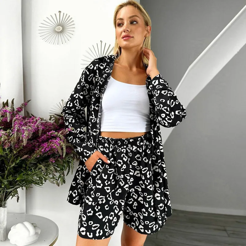 Loose Print Shirt Short Sets Women Summer Long Sleeve Long Shirts And Shorts 2 Piece Sets Women Outfit White Striped Casual Suit