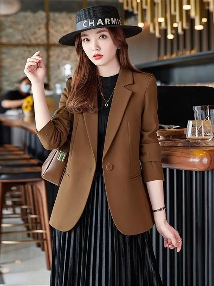 Black Suit Jacket Women's Casual Style Korean Version Slim Fit Autumn Winter Spring Season Long Sleeve One Button Closure