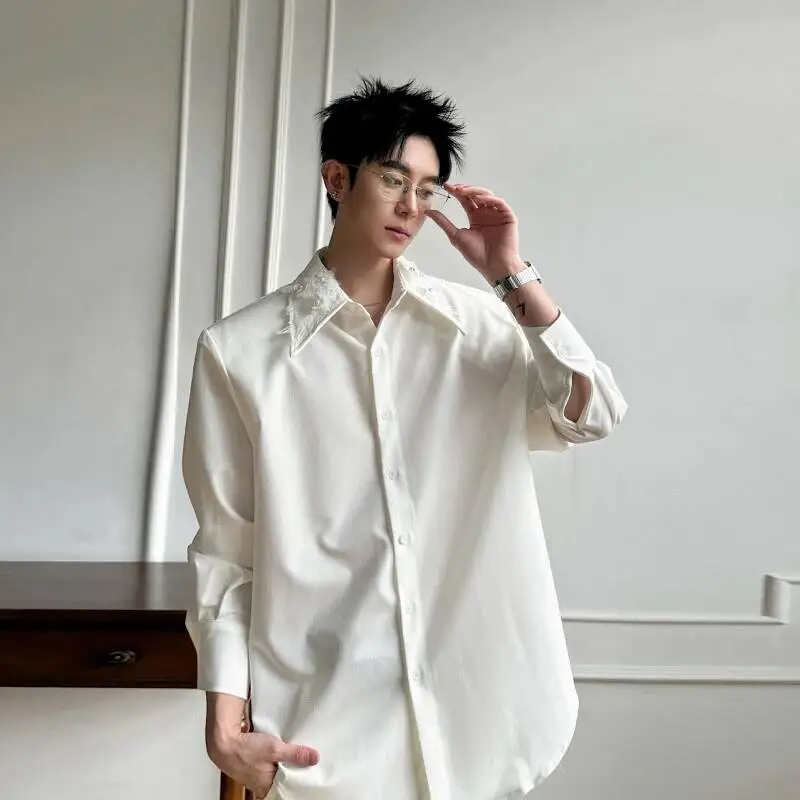 Men's Shirt Design Beadind Embellished Pointed Collar Long Sleeve Oversized Fit Minimalist Casual Premium Blouse Top N4VK