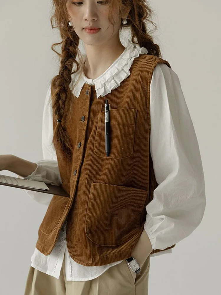 

Японский винтажный вельветовый жилет, женский тонкий жилет в консервативном стиле в стиле ретро, повседневный однобортный жилет с круглым вырезом и карманами, женские топы в стиле Харадзюку