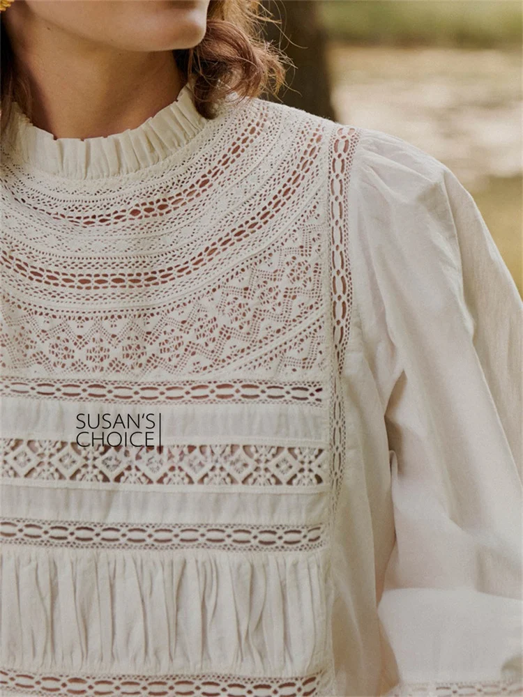 

Susan French Sle Lace Hollow out Long Sve Stand Collar Bubble Sve Top Women Breathable Skin-Friendly Thiened Cotton...