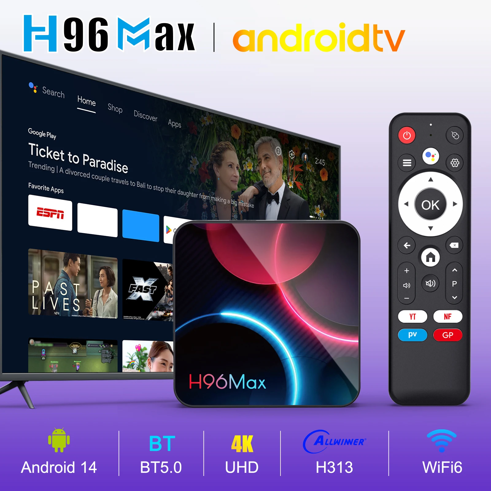 H96 MAX H313 Smart TV Box Android 14 ATV TV Box 4K при 60 кадров в секунду 100 м/LAN Wi-Fi6 BT5.0 Google Voice Assistant Медиаплеер AI TVbox