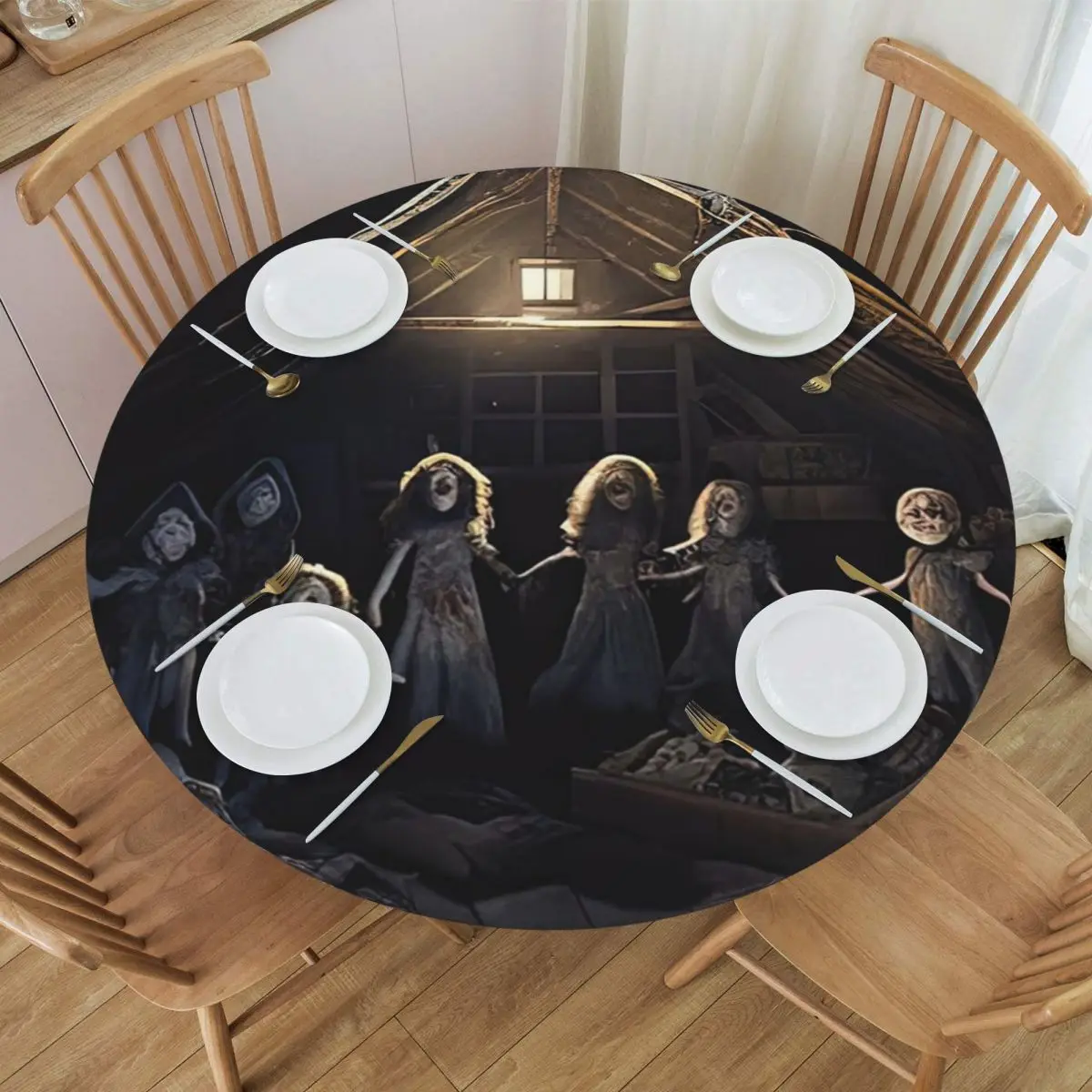 Haunted Attic With Possessed Creepy Dolls Waterproof Round Tablecloth Oilproof Table Cloth for Kitchen Events Dining Table Cover