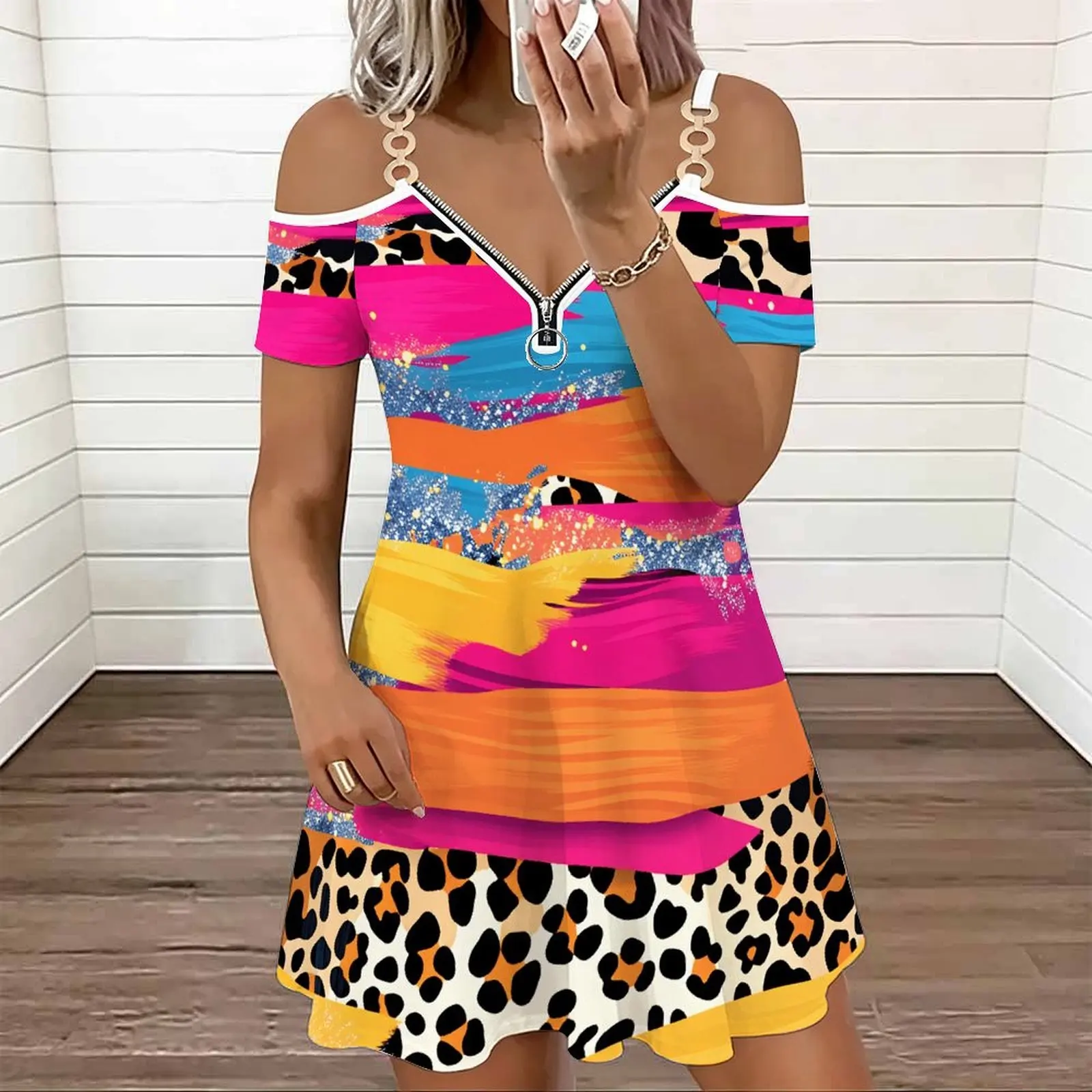 Ladies Spring Summer Cold‑shoulder Double Strap V‑neck Zipper Slim Dress  Sexy Slim Dress   Beach Vacation Outfit